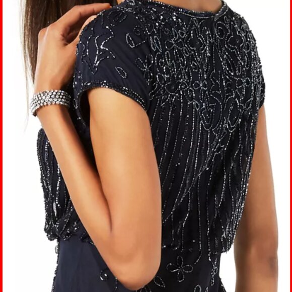 Adrianna Papell Beaded Short-Sleeve Sheer-Overlay Gown - Navy - Women's Size 10 - Picture 5 of 8